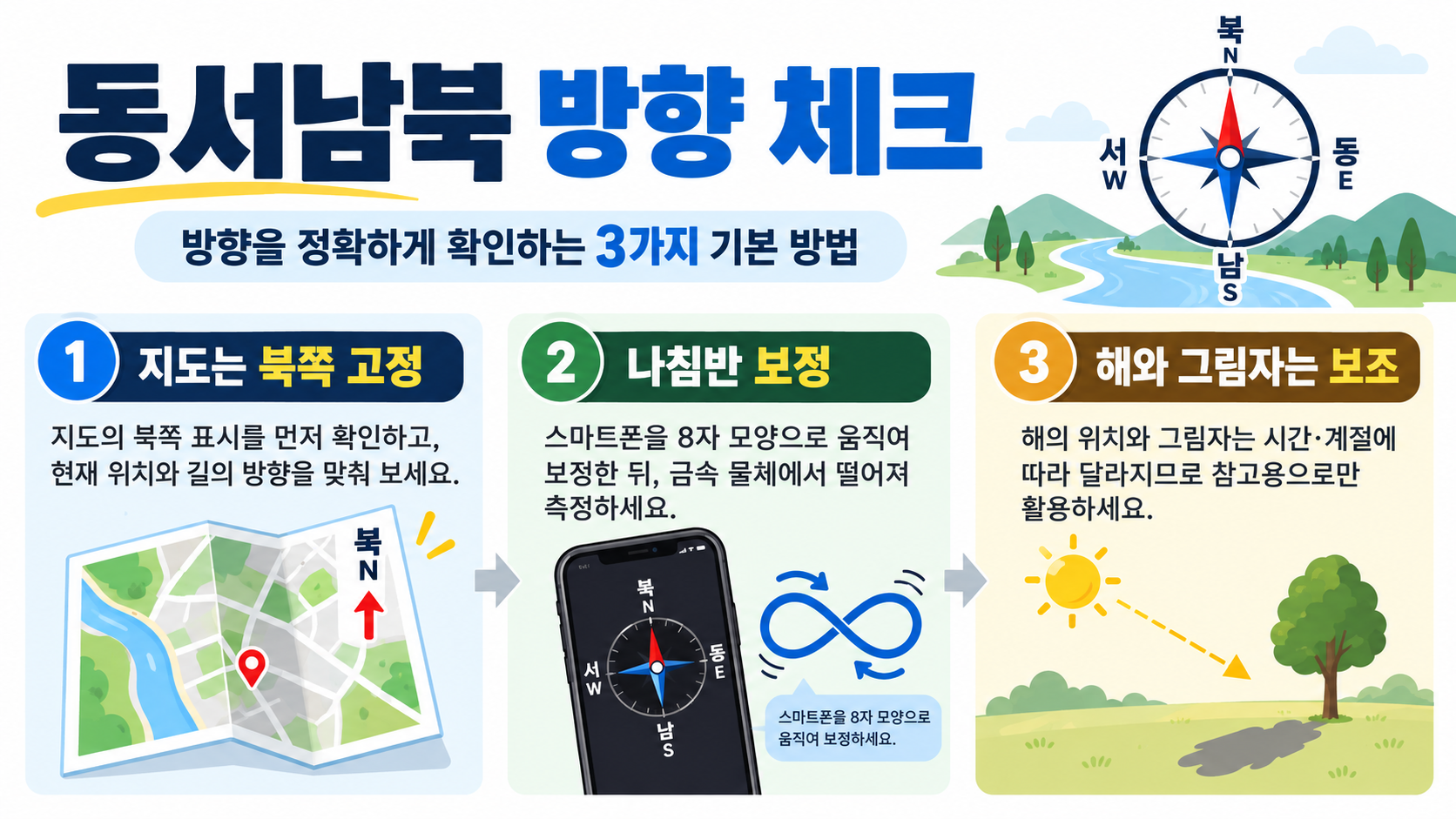 동서남북 방향, 올바르게 체크하는 방법 정보 카드