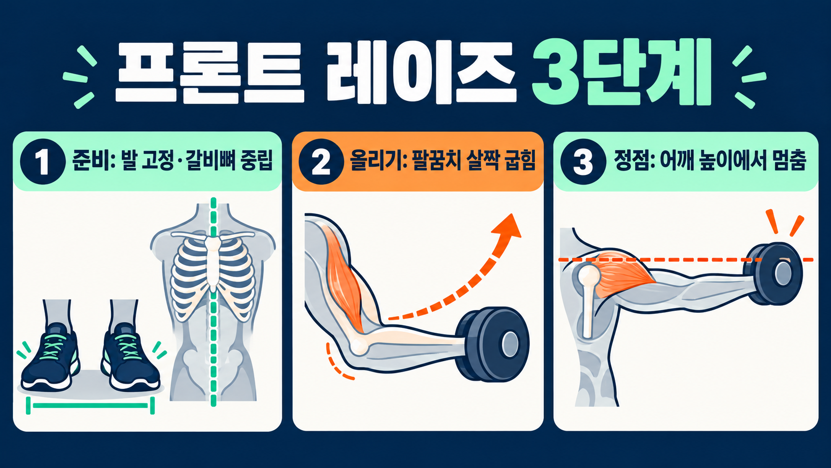 덤벨 프론트 레이즈 자세: 전면 어깨 운동 체크포인트 관련 정보 카드