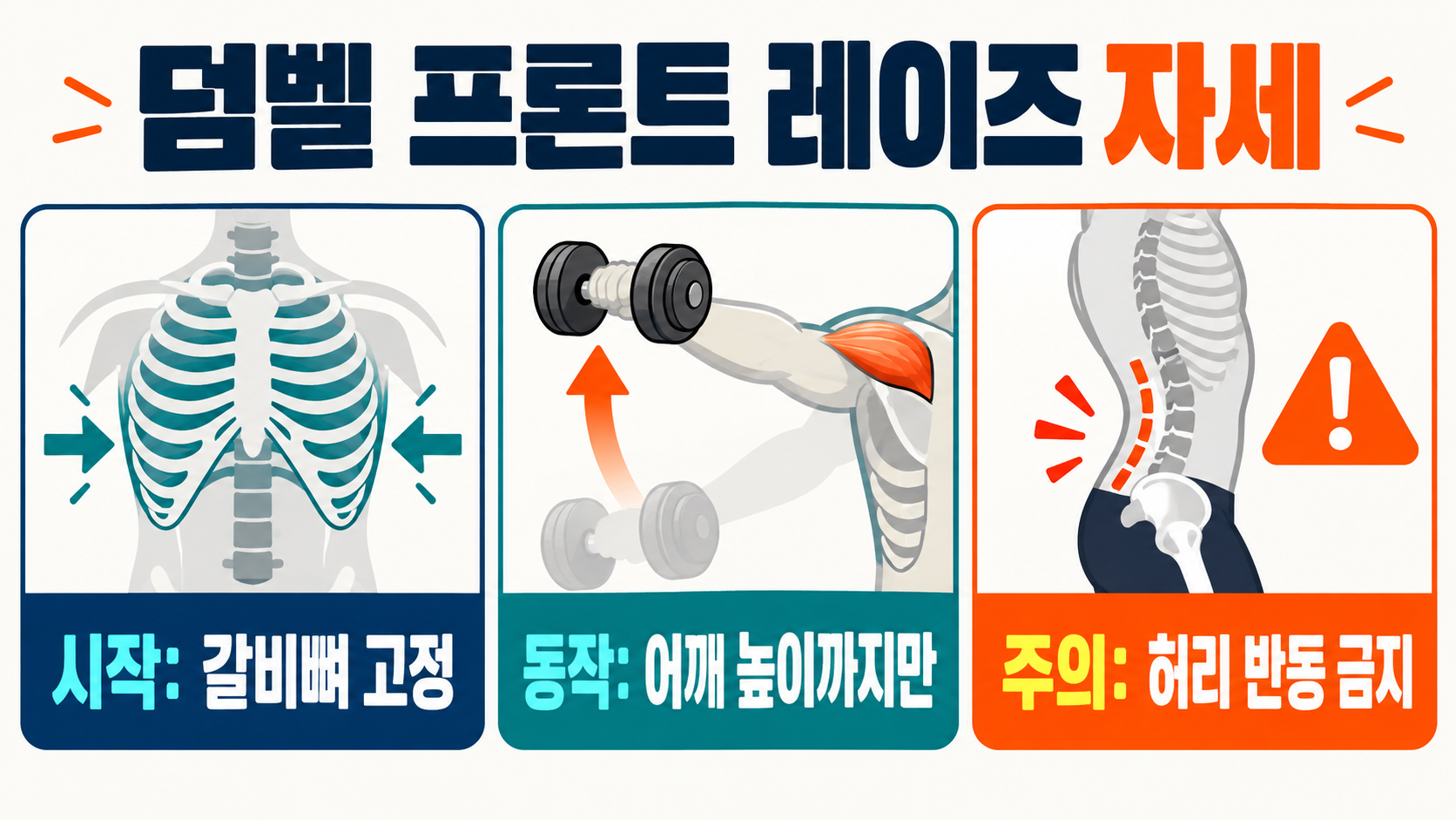 덤벨 프론트 레이즈 자세: 전면 어깨 운동 체크포인트 정보 카드