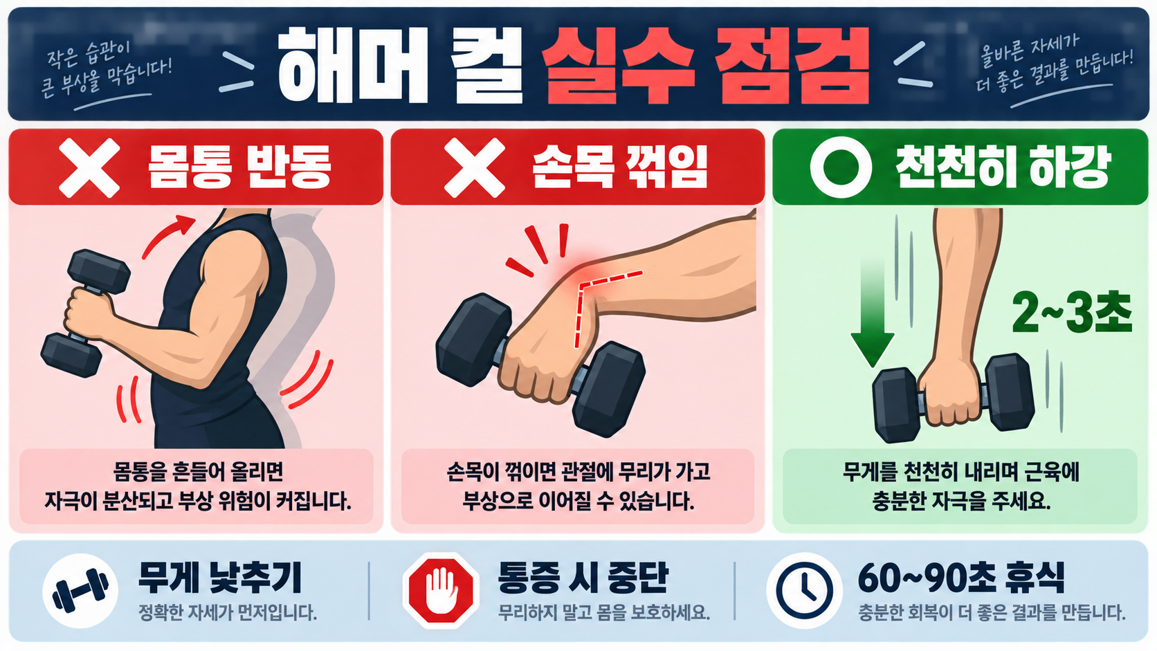 이두 키우기 덤벨 해머 컬 운동 초보 기본자세 가이드 확인 정보 카드
