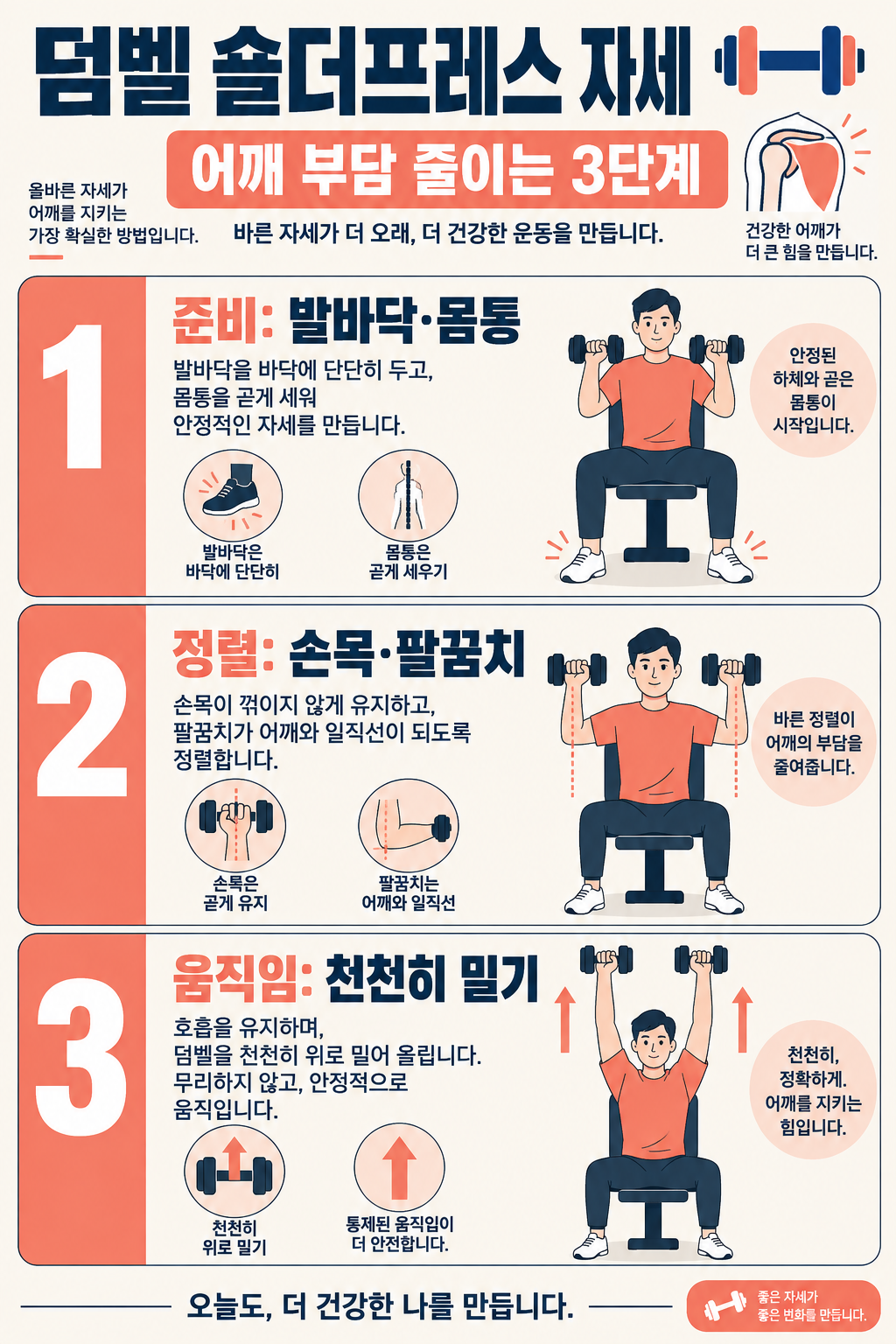 덤벨 숄더프레스 자세: 어깨 부담을 줄이는 기본 가이드 정보 카드