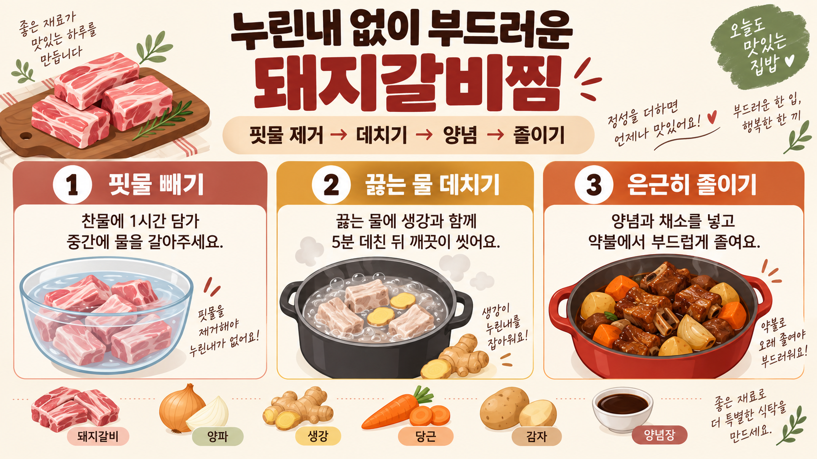 누린내 없이 부드러운 돼지갈비찜 레시피: 양념부터 삶는 순서까지 정보 카드