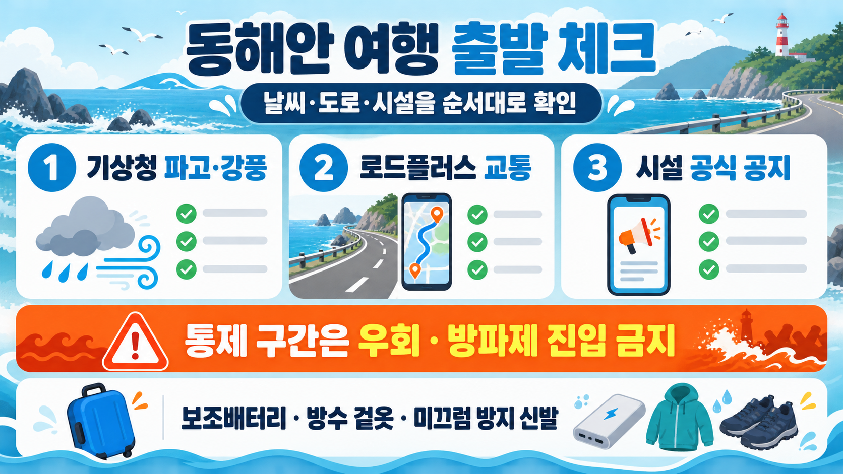 동해안 7번국도 여행: 3박 4일 해안도로 추천 코스와 준비 체크리스트 확인 정보 카드