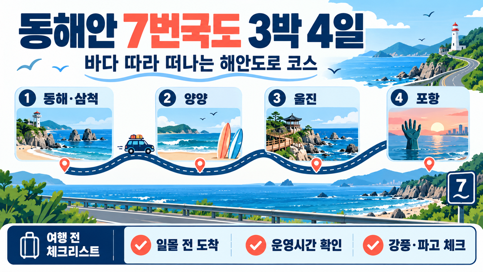 동해안 7번국도 여행: 3박 4일 해안도로 추천 코스와 준비 체크리스트 정보 카드
