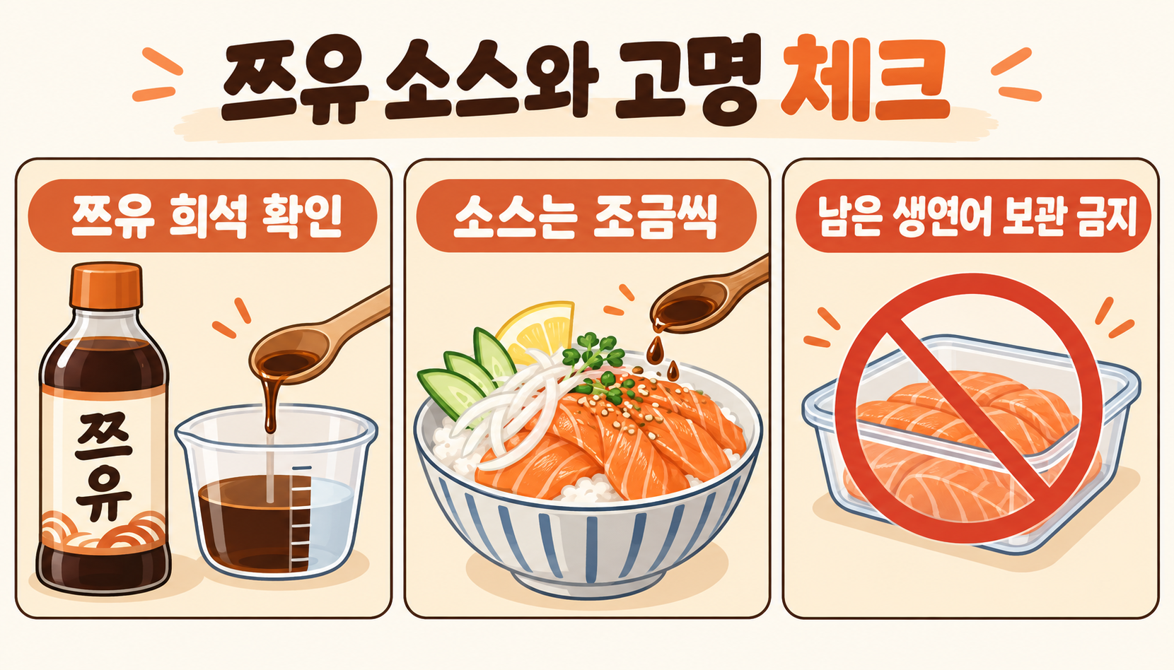 쯔유로 쉽게 만드는 연어덮밥 사케동 레시피 확인 정보 카드
