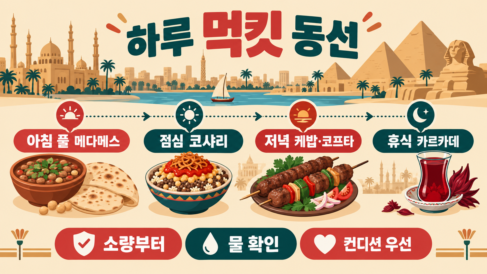 이집트 여행 먹킷리스트 13가지: 꼭 맛볼 음식과 주문 팁 확인 정보 카드
