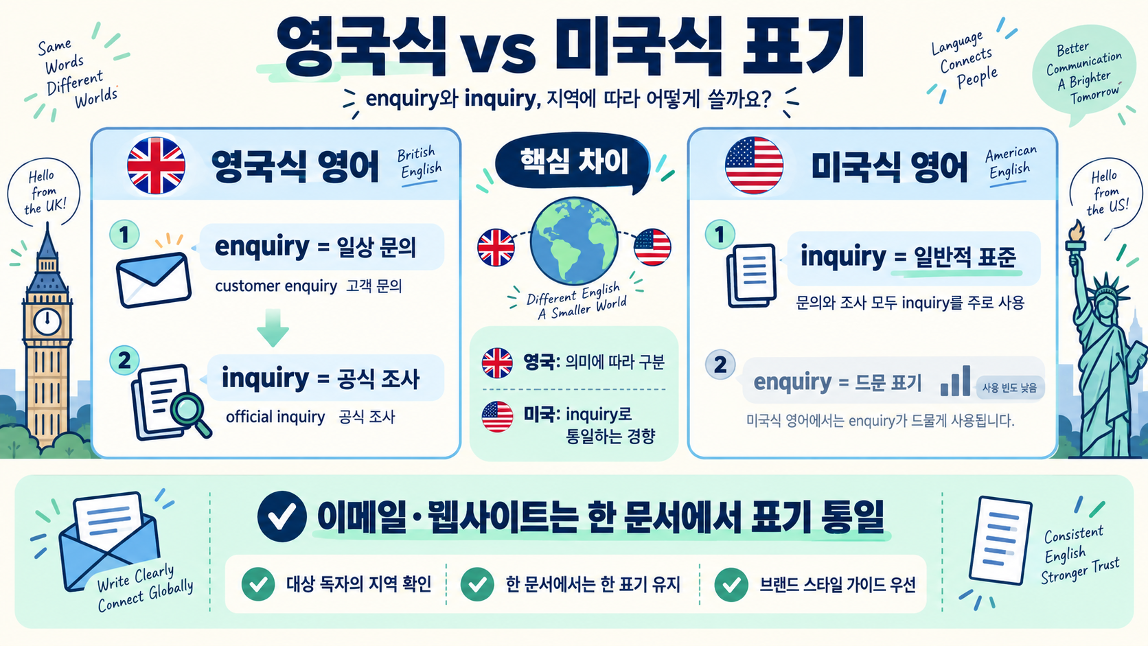 영어 enquiry와 inquiry 차이: 뜻·용법·영국식과 미국식 표기 관련 정보 카드