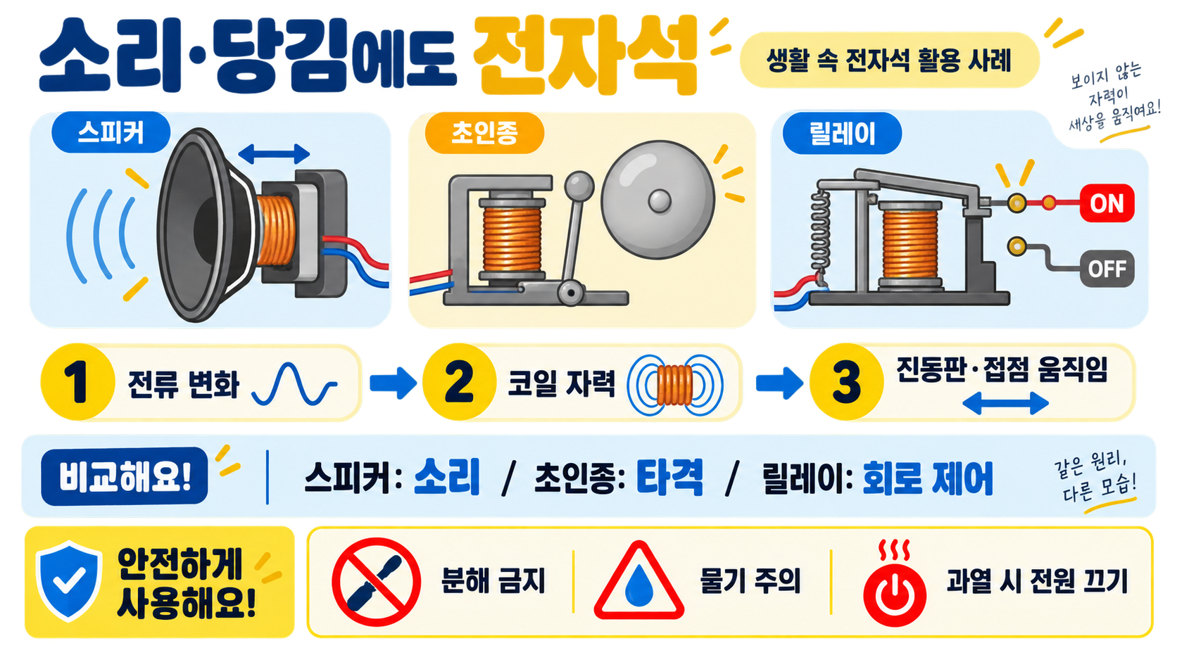 생활 속 전자석 활용 사례: 모터·스피커·초인종의 작동 원리 확인 정보 카드