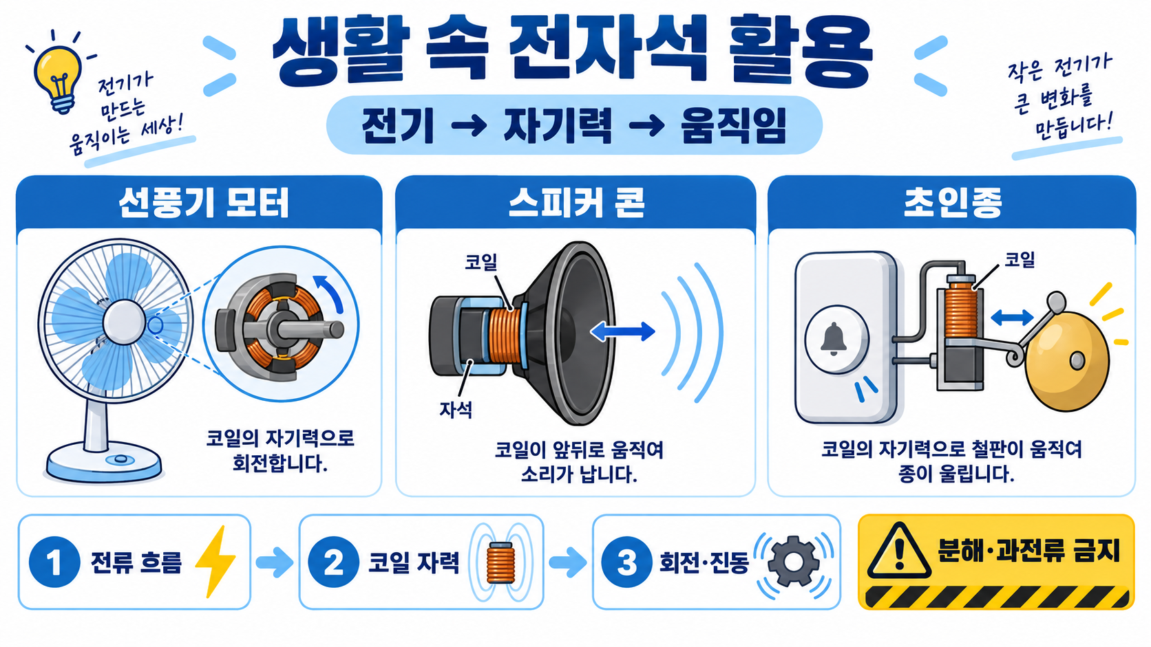 생활 속 전자석 활용 사례: 모터·스피커·초인종의 작동 원리 정보 카드