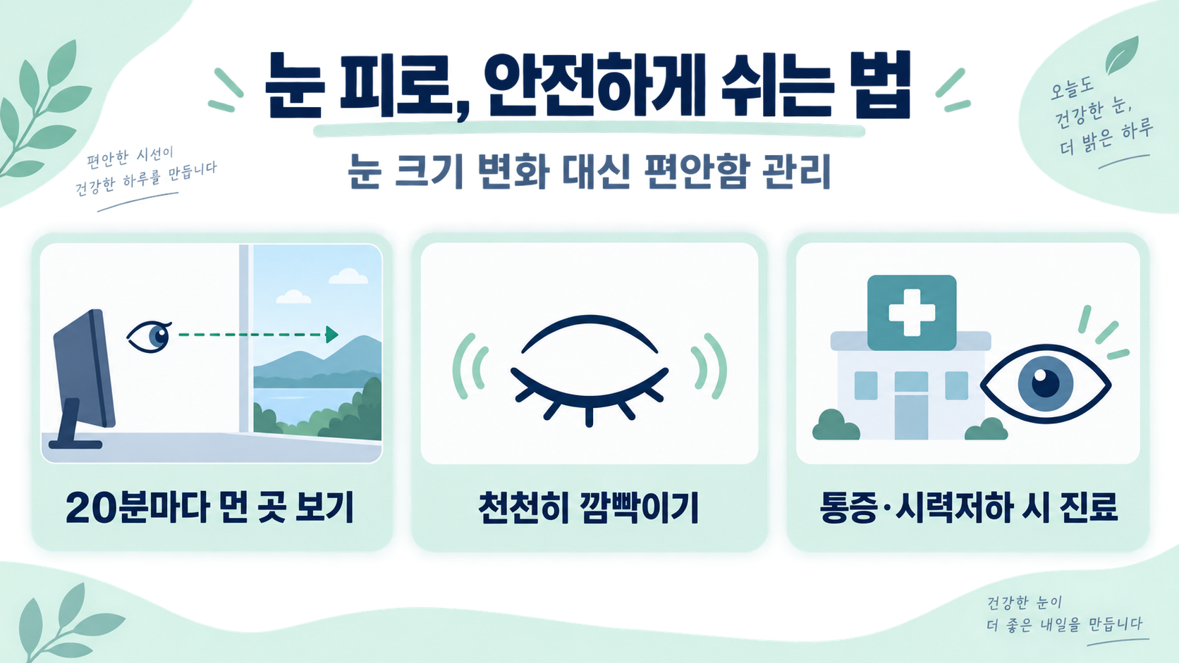눈이 커 보이게 하는 운동? 안전하게 보는 눈 피로 관리와 진료 신호 정보 카드