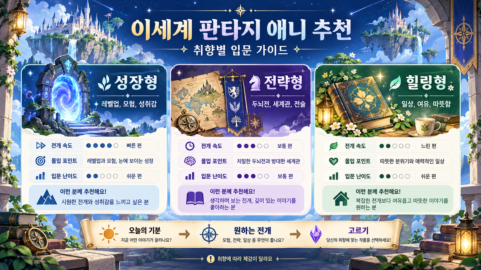 이세계 판타지 애니 추천: 취향별 입문 가이드 정보 카드