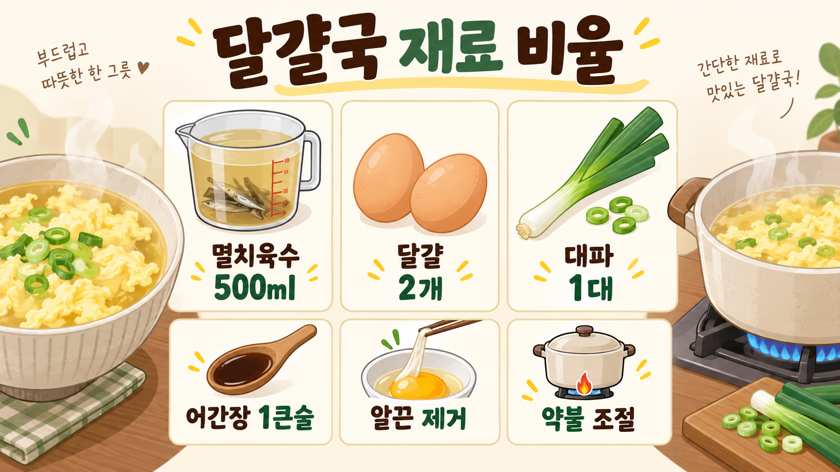 5분 파 계란국 끓이는 법: 부드러운 달걀국 레시피 관련 정보 카드