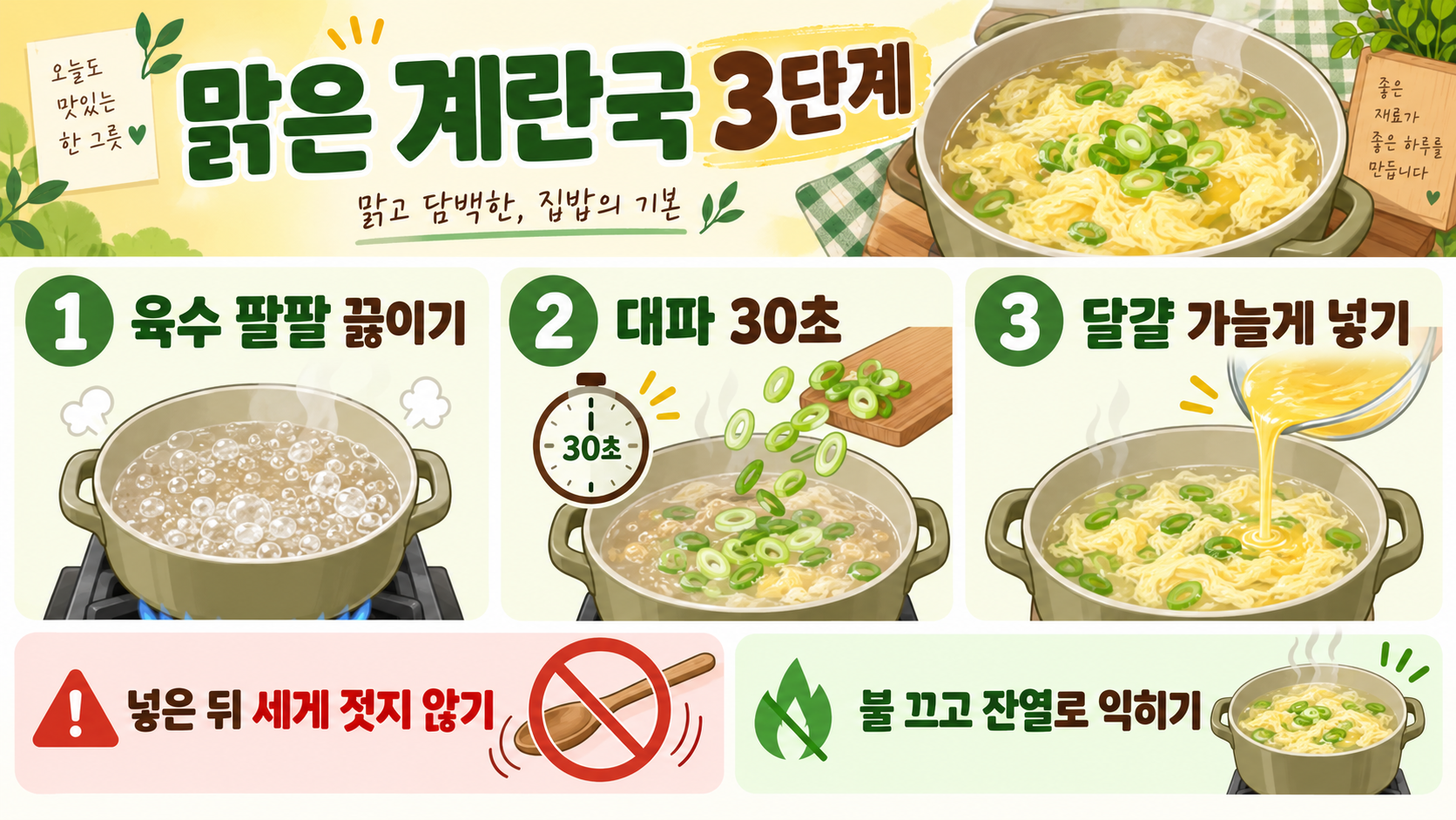 5분 파 계란국 끓이는 법: 부드러운 달걀국 레시피 확인 정보 카드