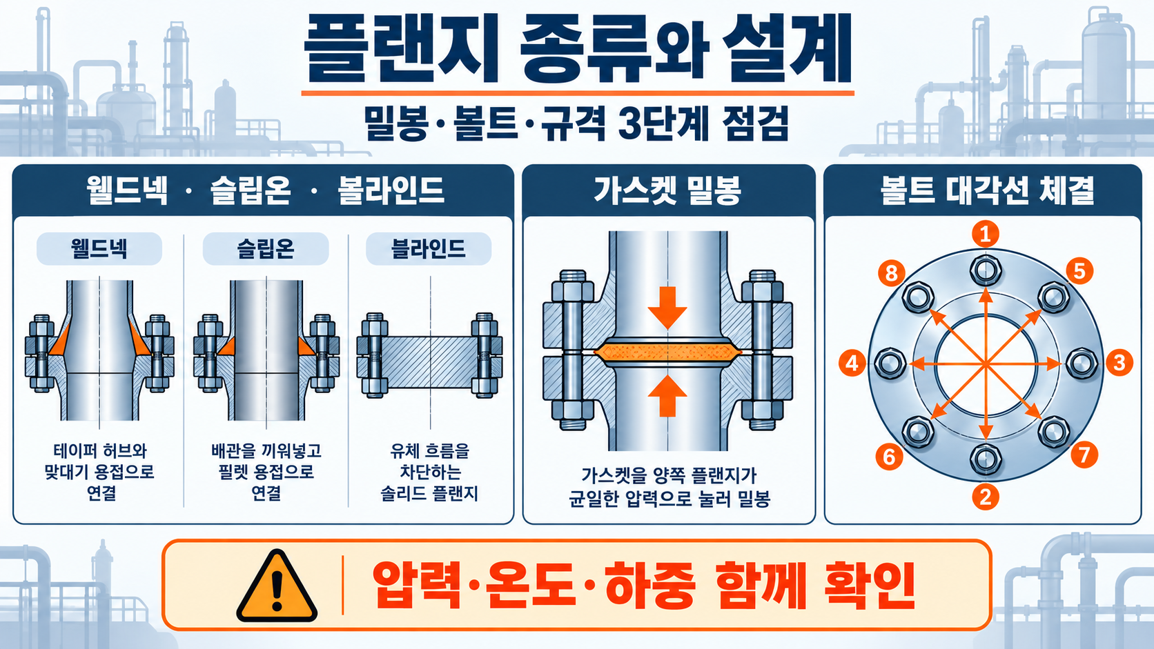 플랜지 종류와 원리: 배관·기계 연결부 설계 가이드 정보 카드