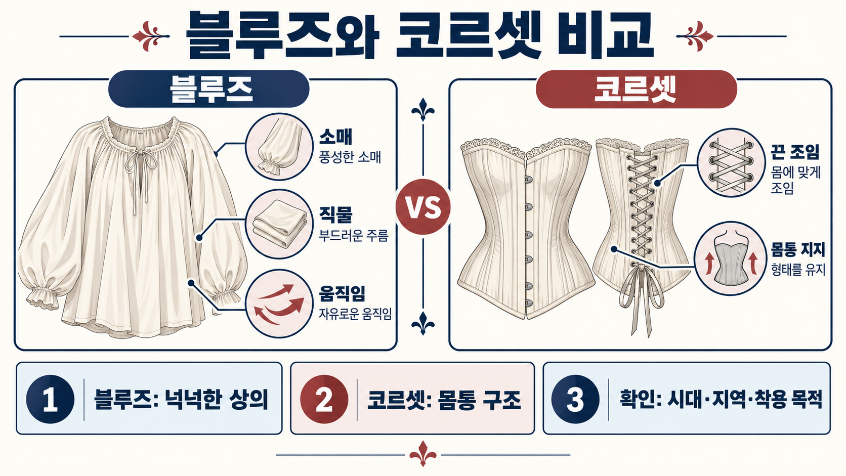 프랑스 전통 의상: 블루즈·코르셋·누빔·피쉬 특징 관련 정보 카드