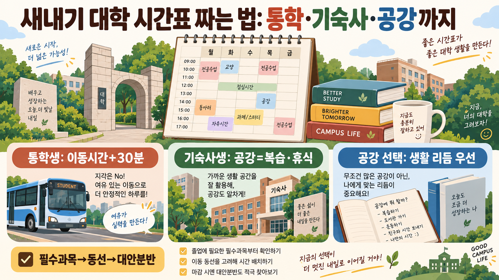 새내기 대학 시간표 짜는 법: 통학·기숙사·공강까지 정보 카드