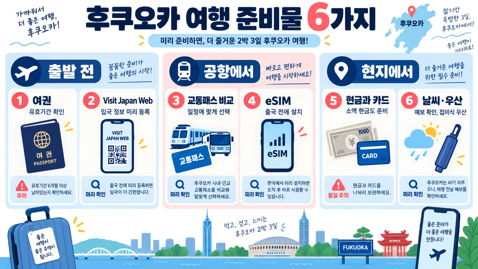후쿠오카 2박 3일 여행 코스: 이동 동선·맛집·준비물 체크리스트 확인 정보 카드