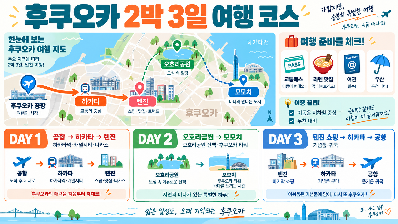 후쿠오카 2박 3일 여행 코스: 이동 동선·맛집·준비물 체크리스트 정보 카드