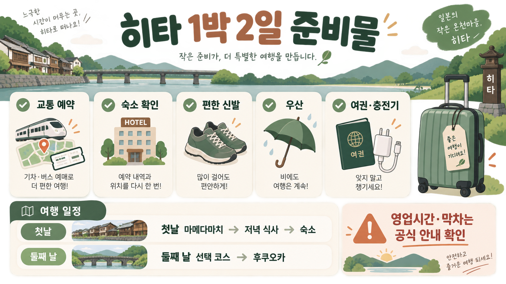 후쿠오카 근교 히타 여행 가이드: 마메다마치부터 오야마 댐까지 확인 정보 카드