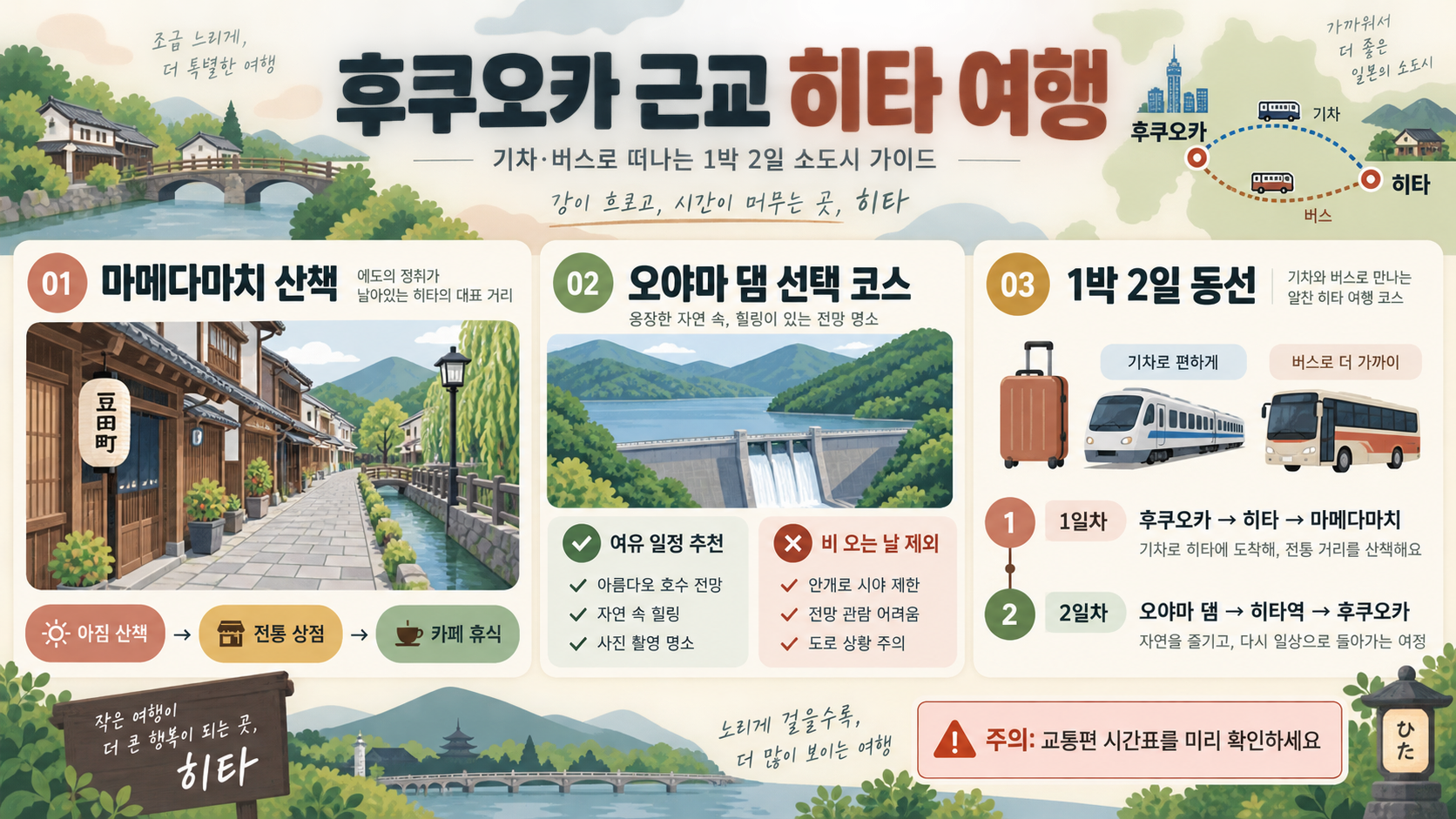 후쿠오카 근교 히타 여행 가이드: 마메다마치부터 오야마 댐까지 정보 카드