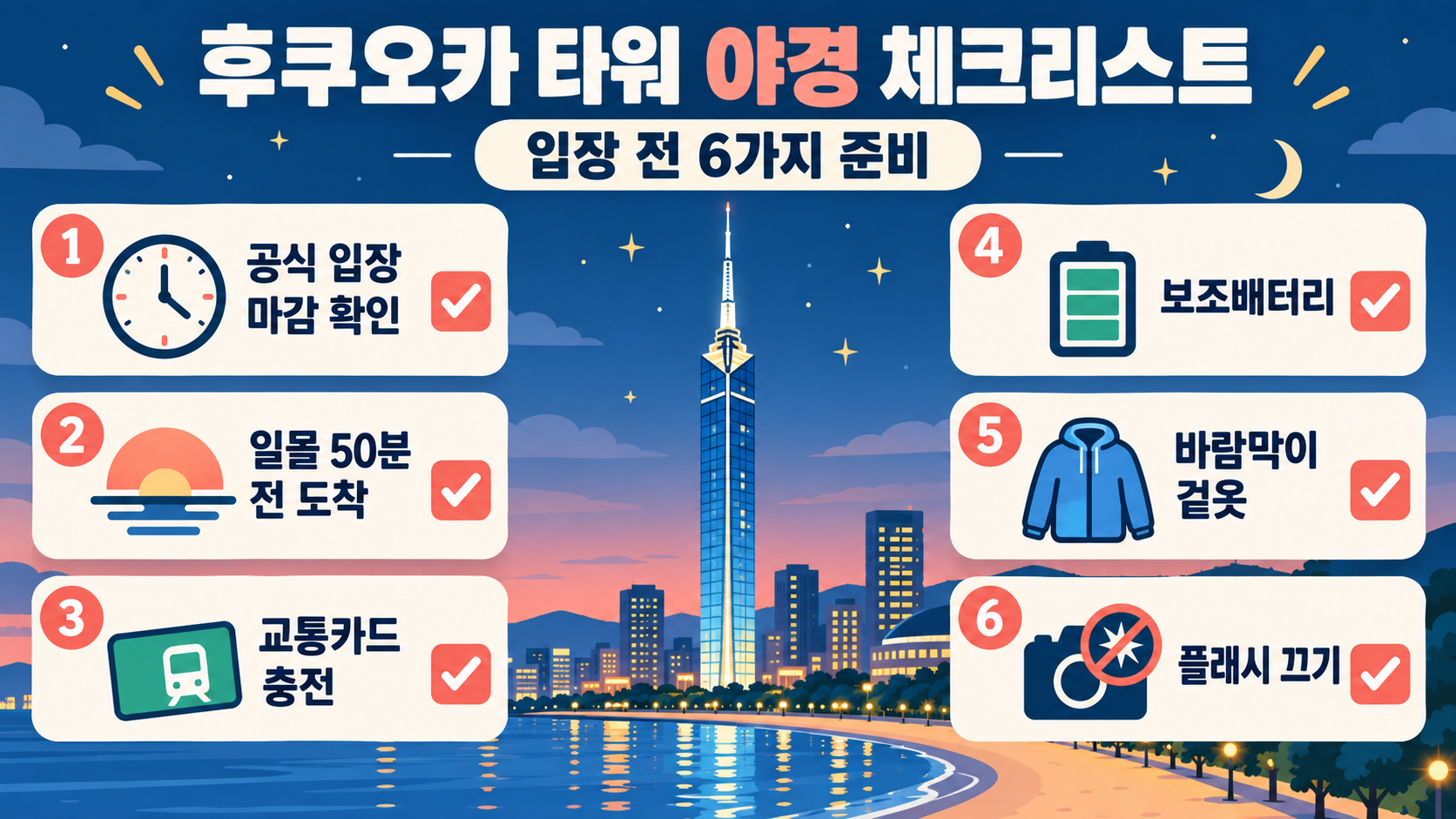 후쿠오카 타워 전망대 입장료·야경 관람 팁: 텐진 출발 전 확인할 7가지 확인 정보 카드