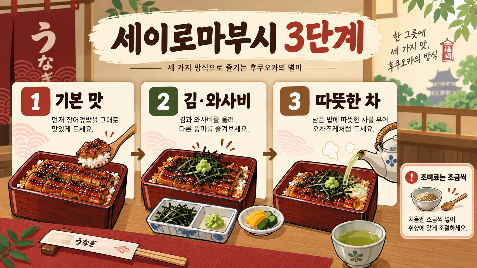 후쿠오카 장어덮밥 우나기노 에이토: 예약부터 세이로마부시 즐기는 법 관련 정보 카드