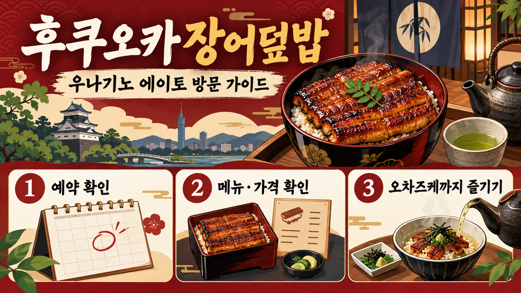 후쿠오카 장어덮밥 우나기노 에이토: 예약부터 세이로마부시 즐기는 법 정보 카드