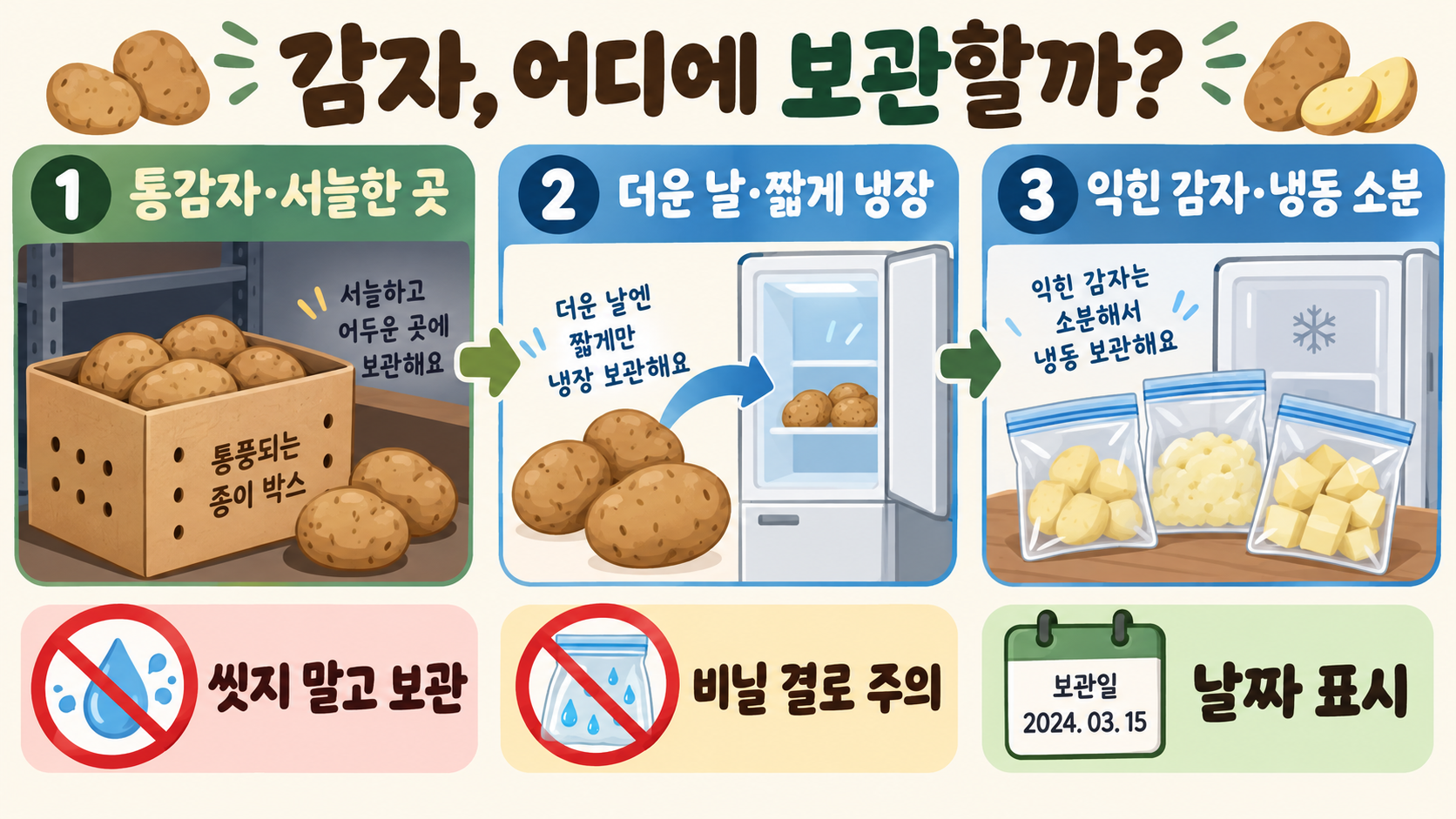 감자 오래 보관법: 실온·냉장·냉동 보관 기준과 싹·변색 확인법 관련 정보 카드