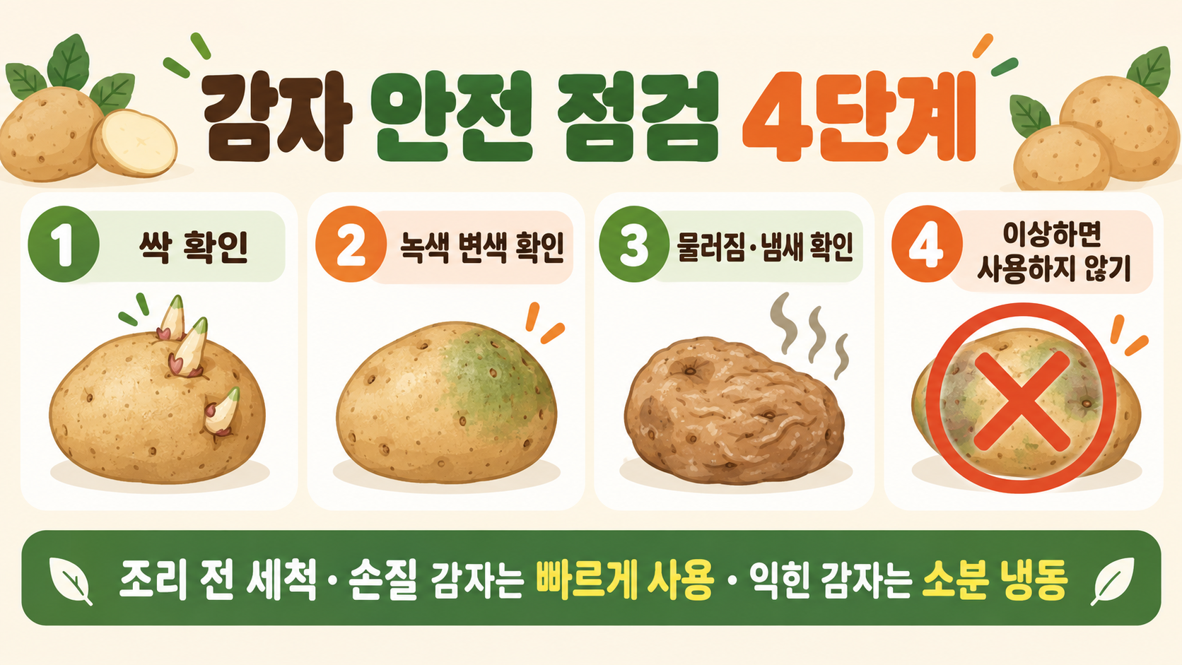 감자 오래 보관법: 실온·냉장·냉동 보관 기준과 싹·변색 확인법 확인 정보 카드