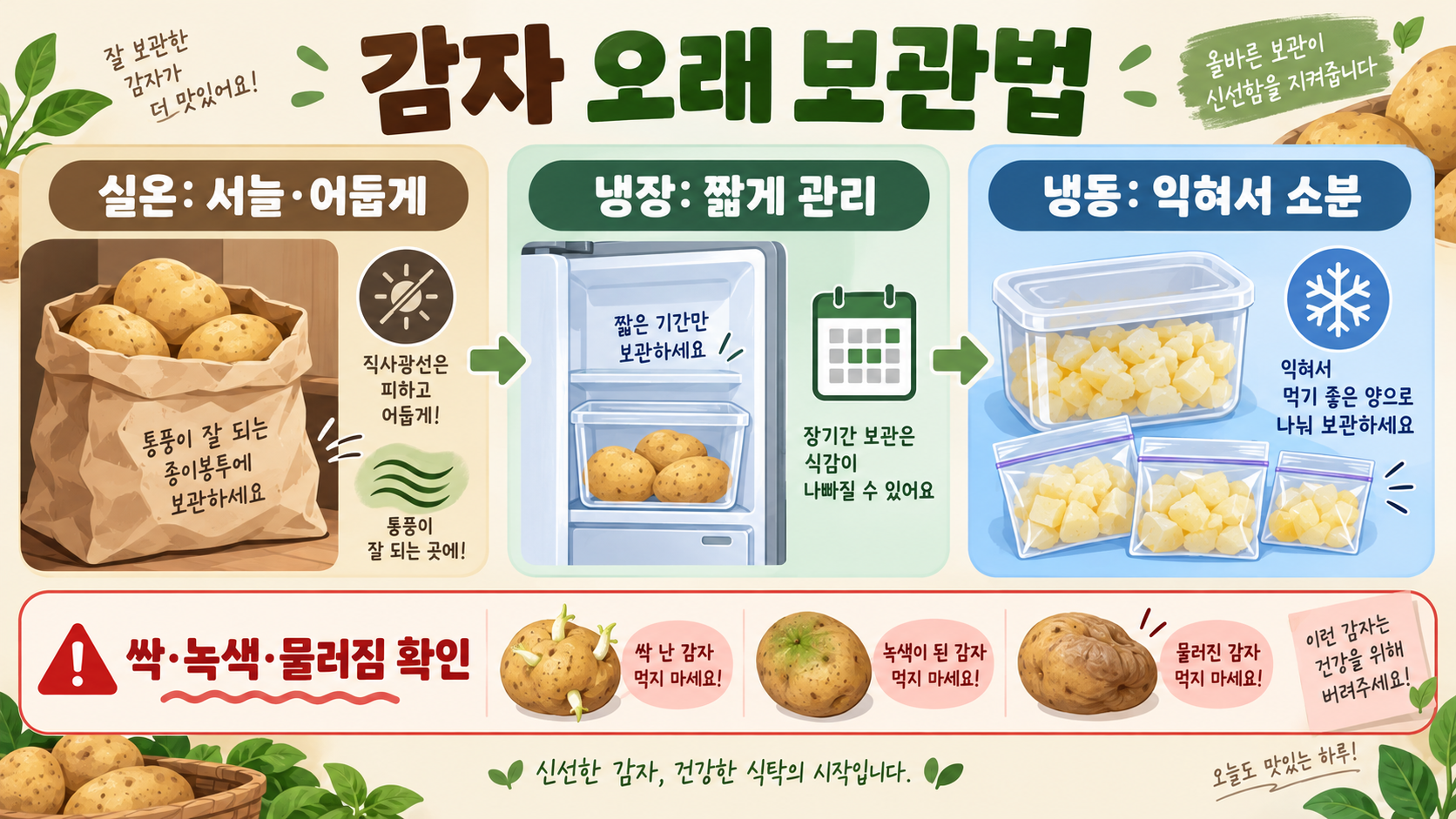 감자 오래 보관법: 실온·냉장·냉동 보관 기준과 싹·변색 확인법 정보 카드