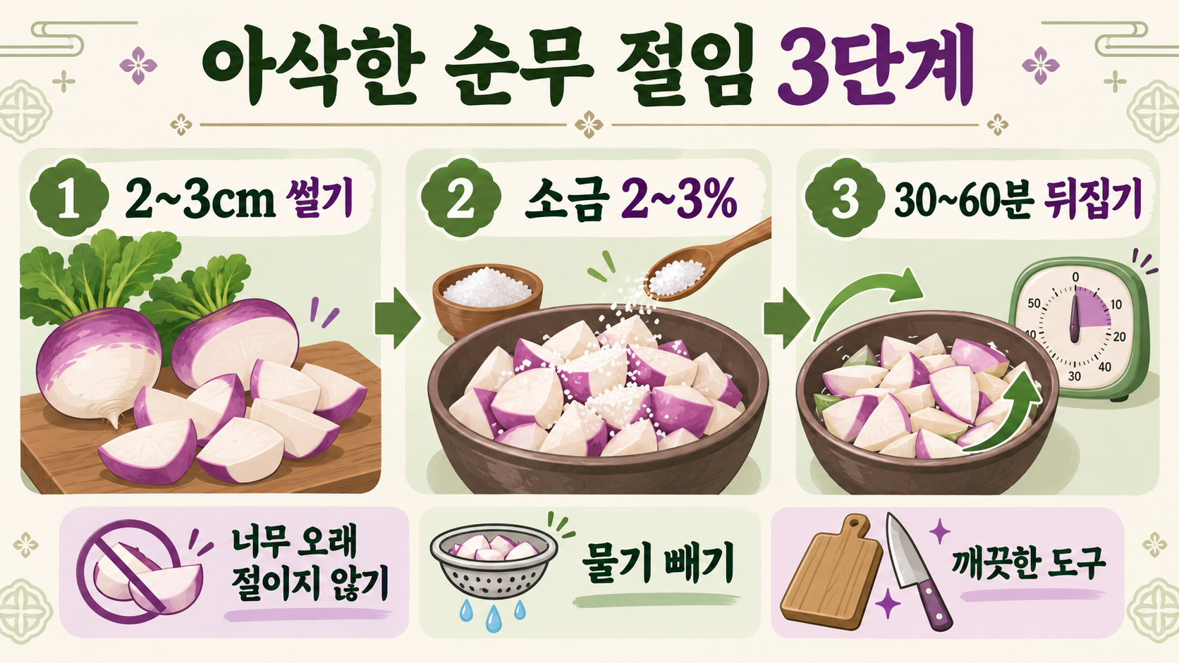 강화 순무김치 담그는 법: 제철 순무 손질부터 아삭한 숙성까지 관련 정보 카드