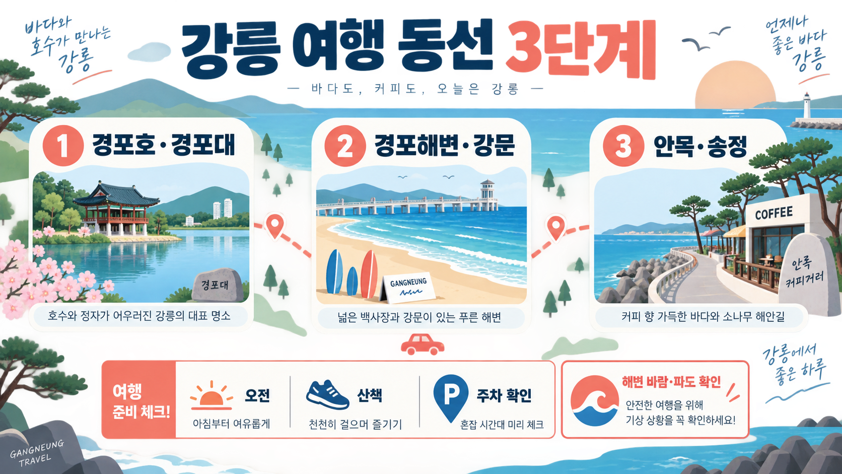 강릉 가볼만한 곳 12곳: 바다·문화·시장 여행 동선 가이드 관련 정보 카드