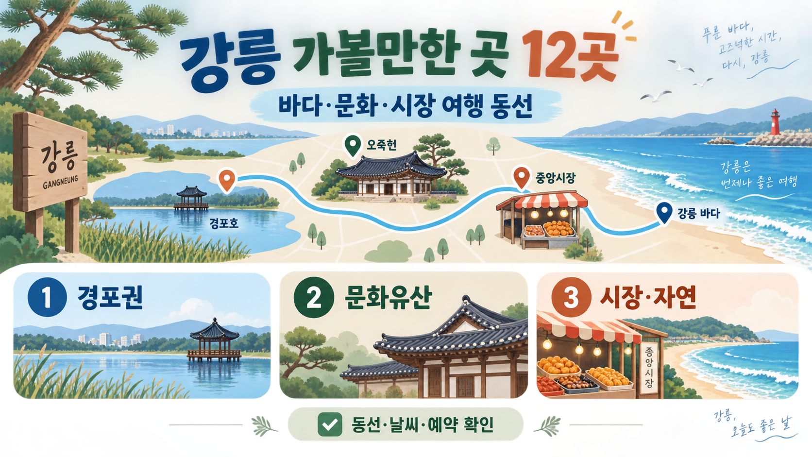 강릉 가볼만한 곳 12곳: 바다·문화·시장 여행 동선 가이드 정보 카드