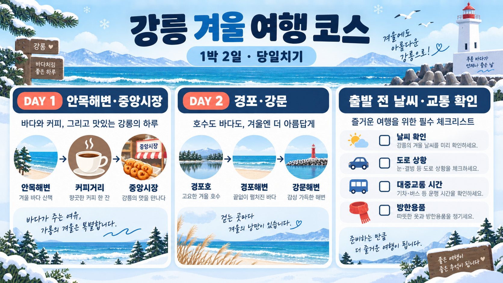 강릉 겨울 여행 코스: 1박 2일·당일치기 일정 가이드 정보 카드