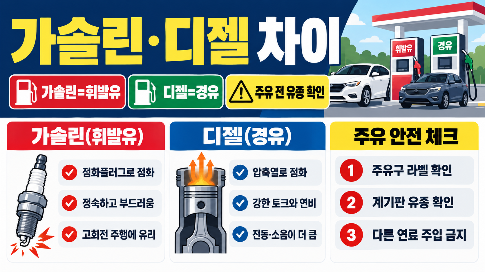 가솔린·휘발유·디젤·경유 차이: 내 차에 맞는 연료 한눈에 정리 정보 카드