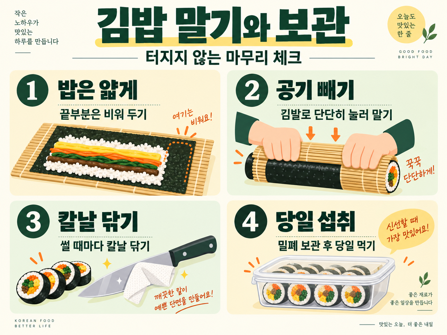 김밥 만들기 레시피: 재료 손질부터 집밥 메뉴까지 확인 정보 카드