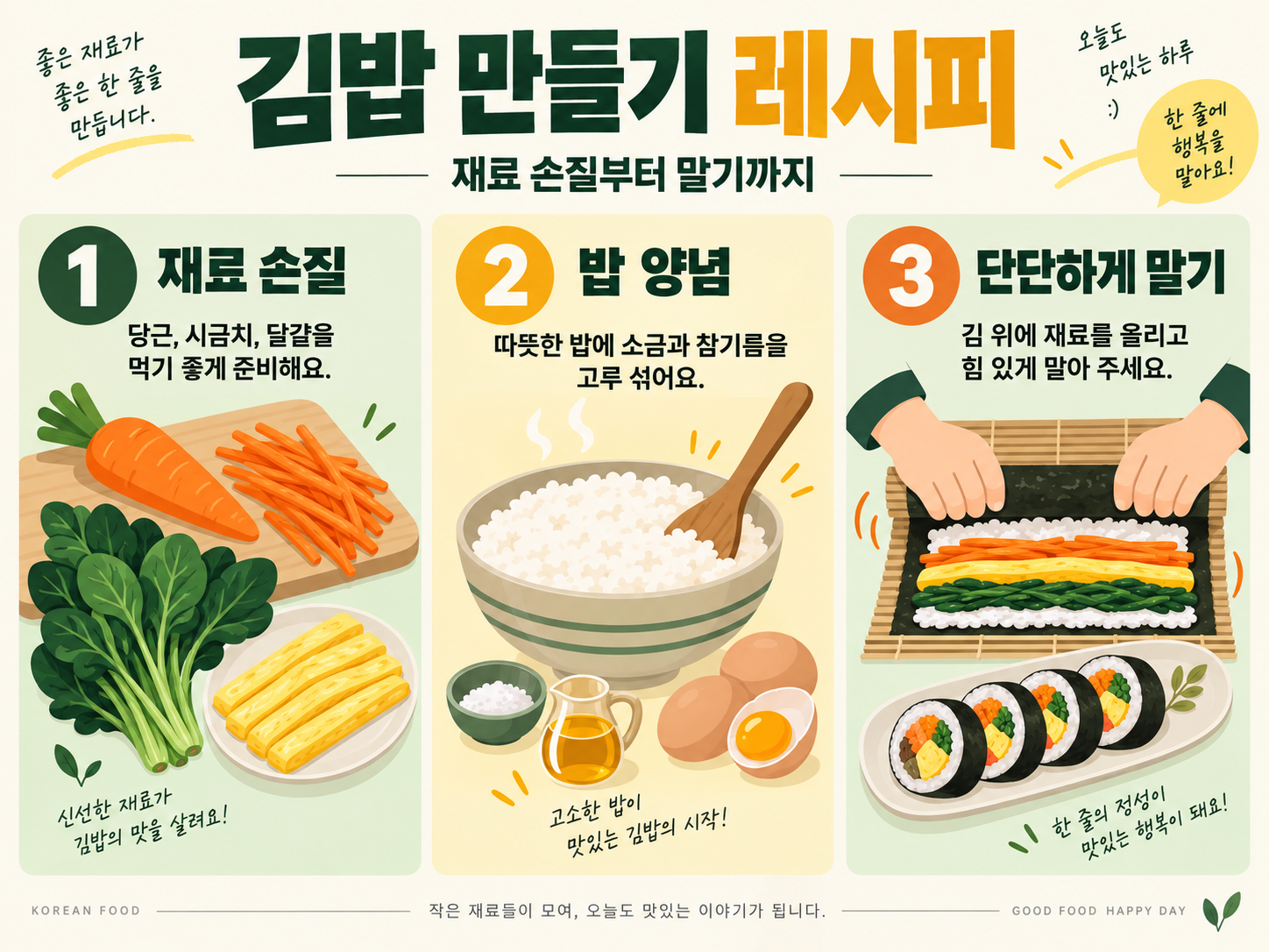 김밥 만들기 레시피: 재료 손질부터 집밥 메뉴까지 정보 카드