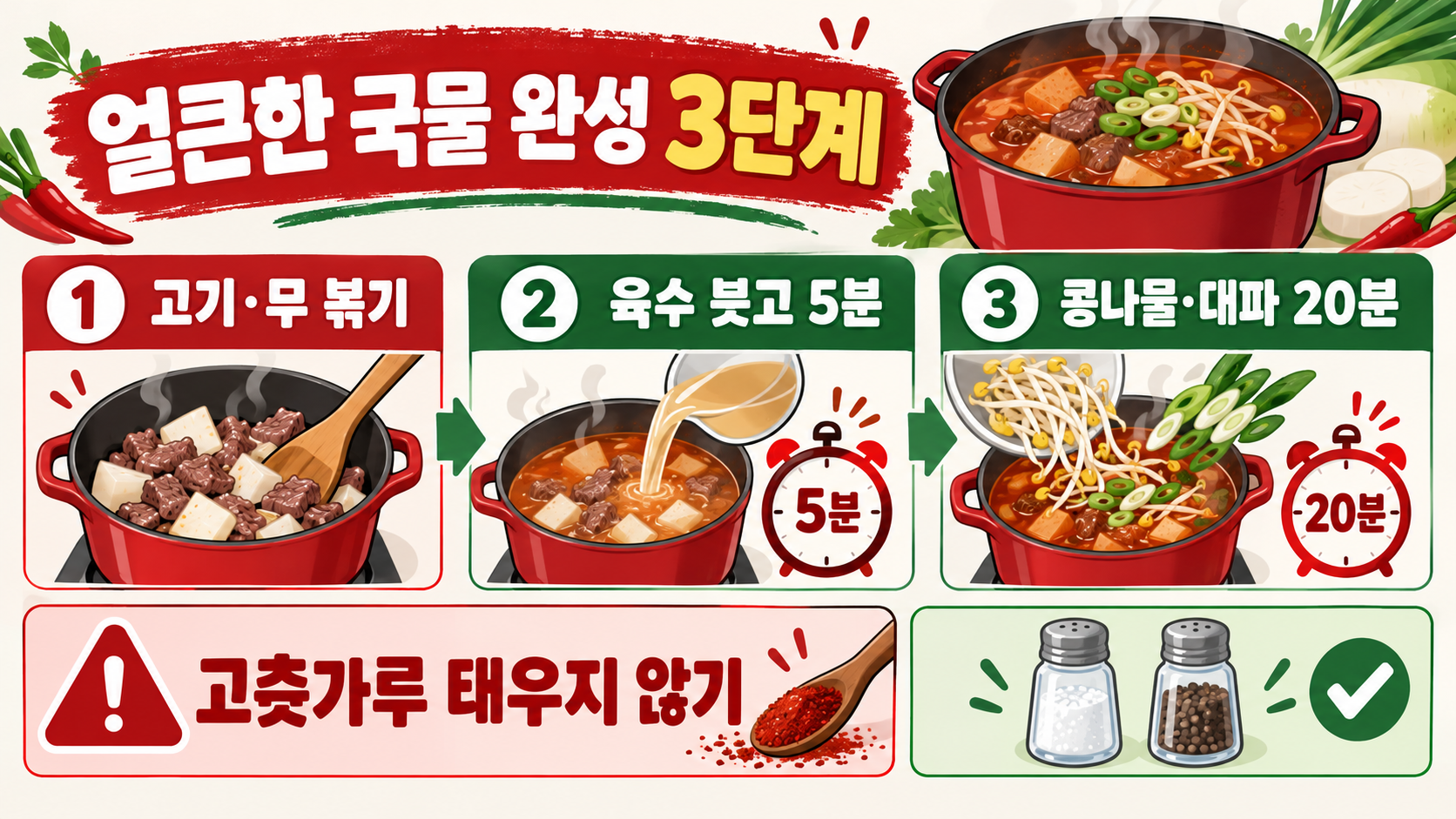 경상도식 소고기무국 끓이는 법: 얼큰한 소고기뭇국 레시피 확인 정보 카드