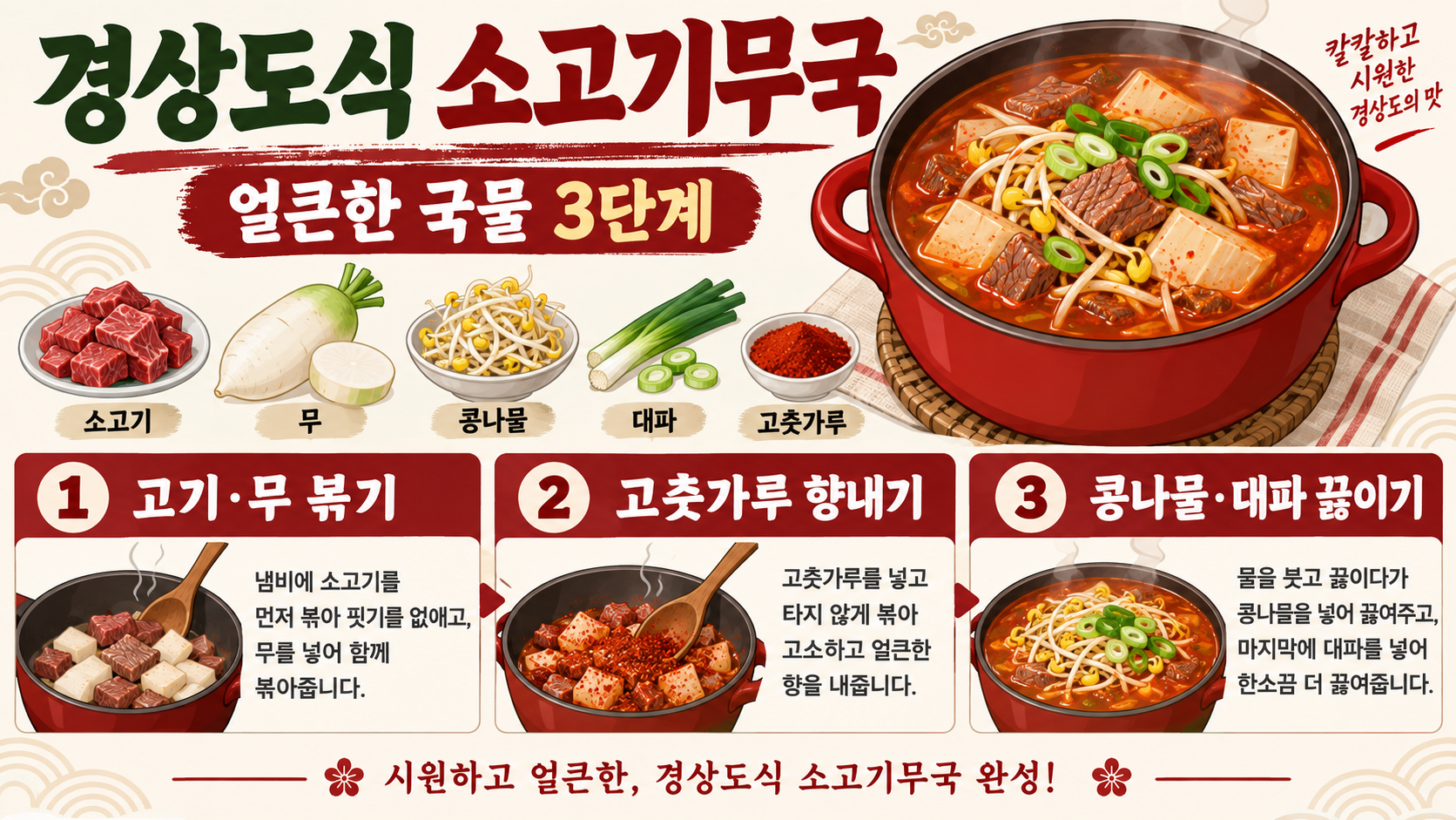 경상도식 소고기무국 끓이는 법: 얼큰한 소고기뭇국 레시피 정보 카드