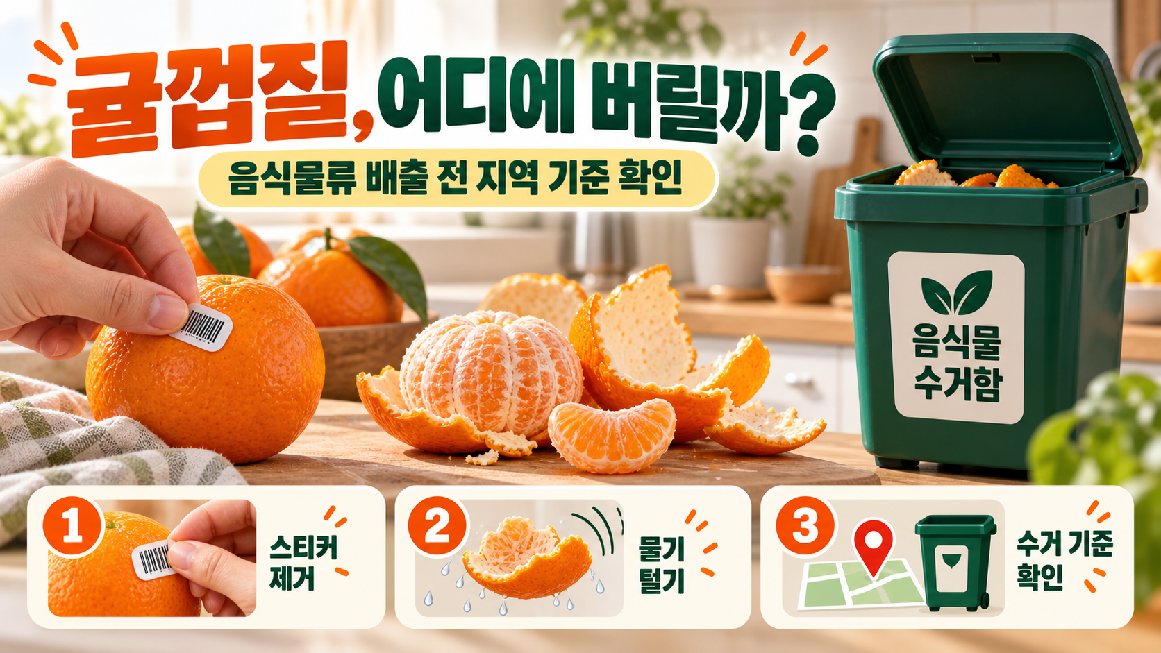 귤껍질 분리배출 방법: 음식물쓰레기 기준과 지역별 확인법 정보 카드