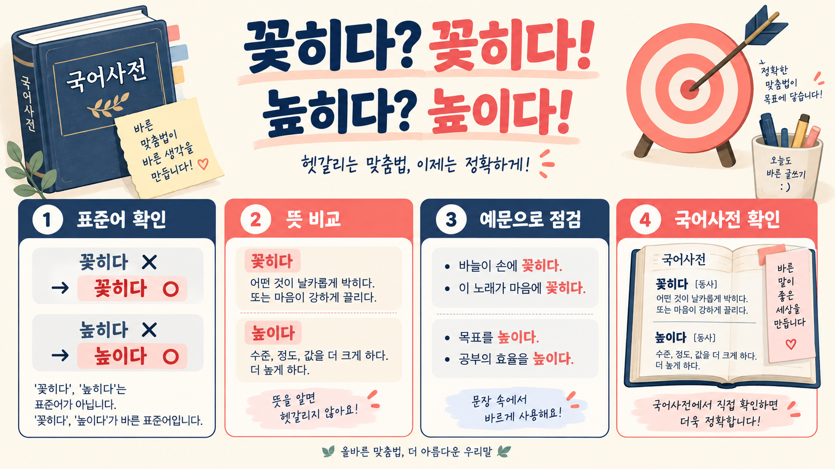 꽃히다·꽂히다, 높히다·높이다: 자주 헷갈리는 맞춤법 정리 정보 카드