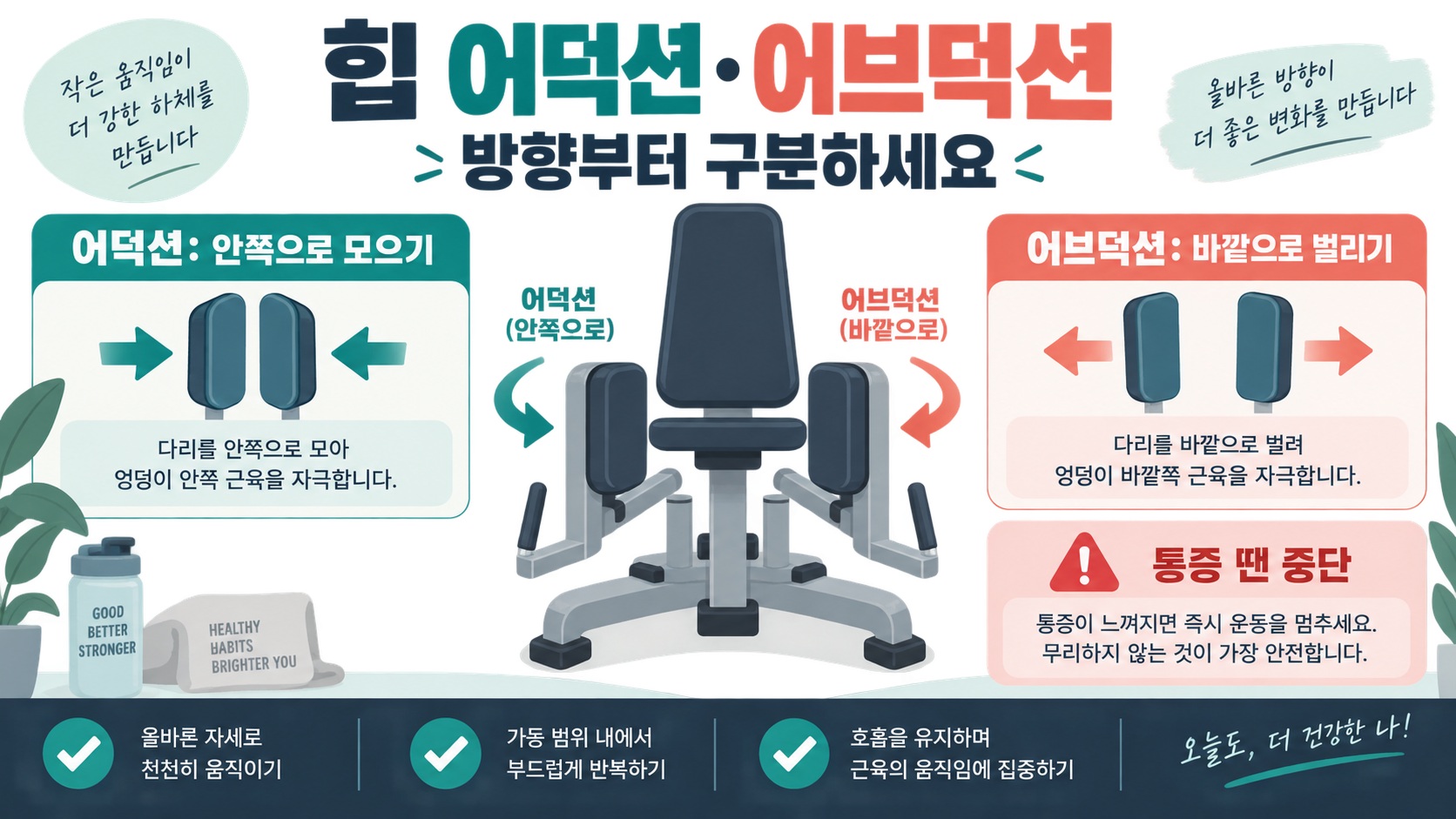 힙 어덕션과 힙 어브덕션 사용법: 자세·효과·주의사항 정보 카드