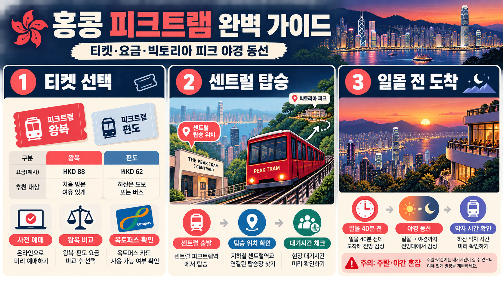 홍콩 피크트램 탑승 가이드: 티켓·요금·빅토리아 피크 야경 동선 정보 카드