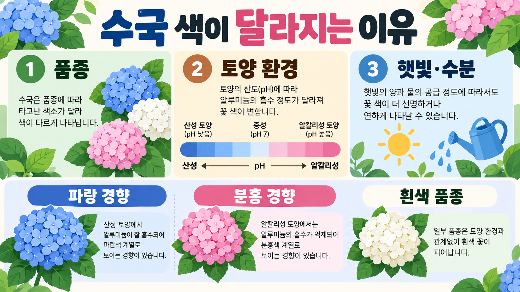 수국 꽃말 색상별 의미: 파란·하얀·분홍 수국 알아보기 관련 정보 카드