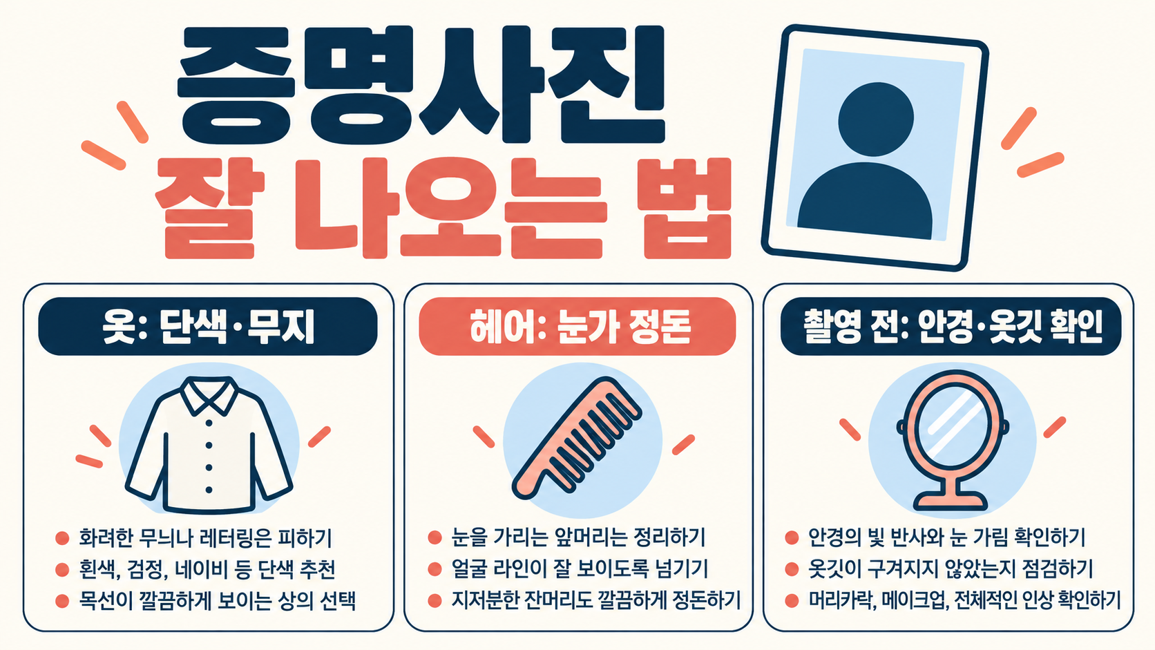 증명사진 잘 나오는 법: 옷·헤어·메이크업 촬영 전 체크리스트 정보 카드