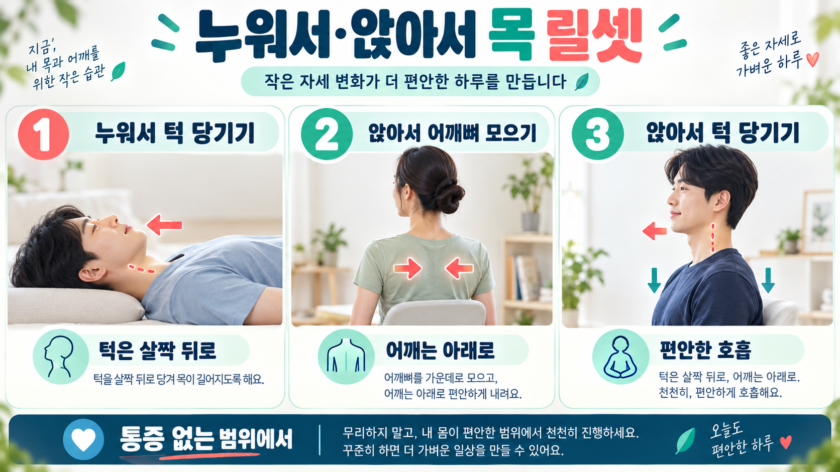 일자목·거북목 목 스트레칭: 집에서 안전하게 따라하는 8가지 동작 관련 정보 카드