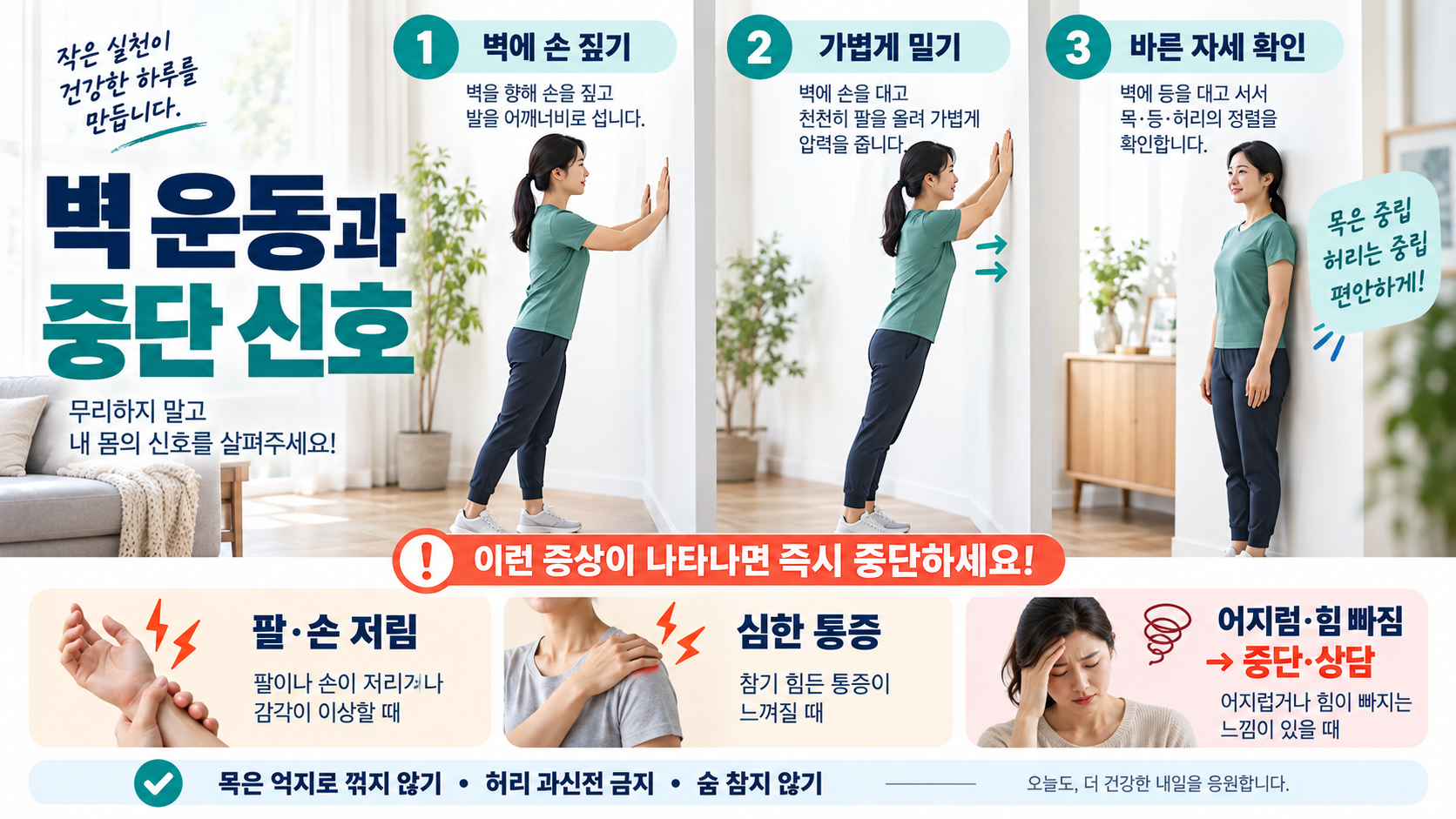 일자목·거북목 목 스트레칭: 집에서 안전하게 따라하는 8가지 동작 확인 정보 카드