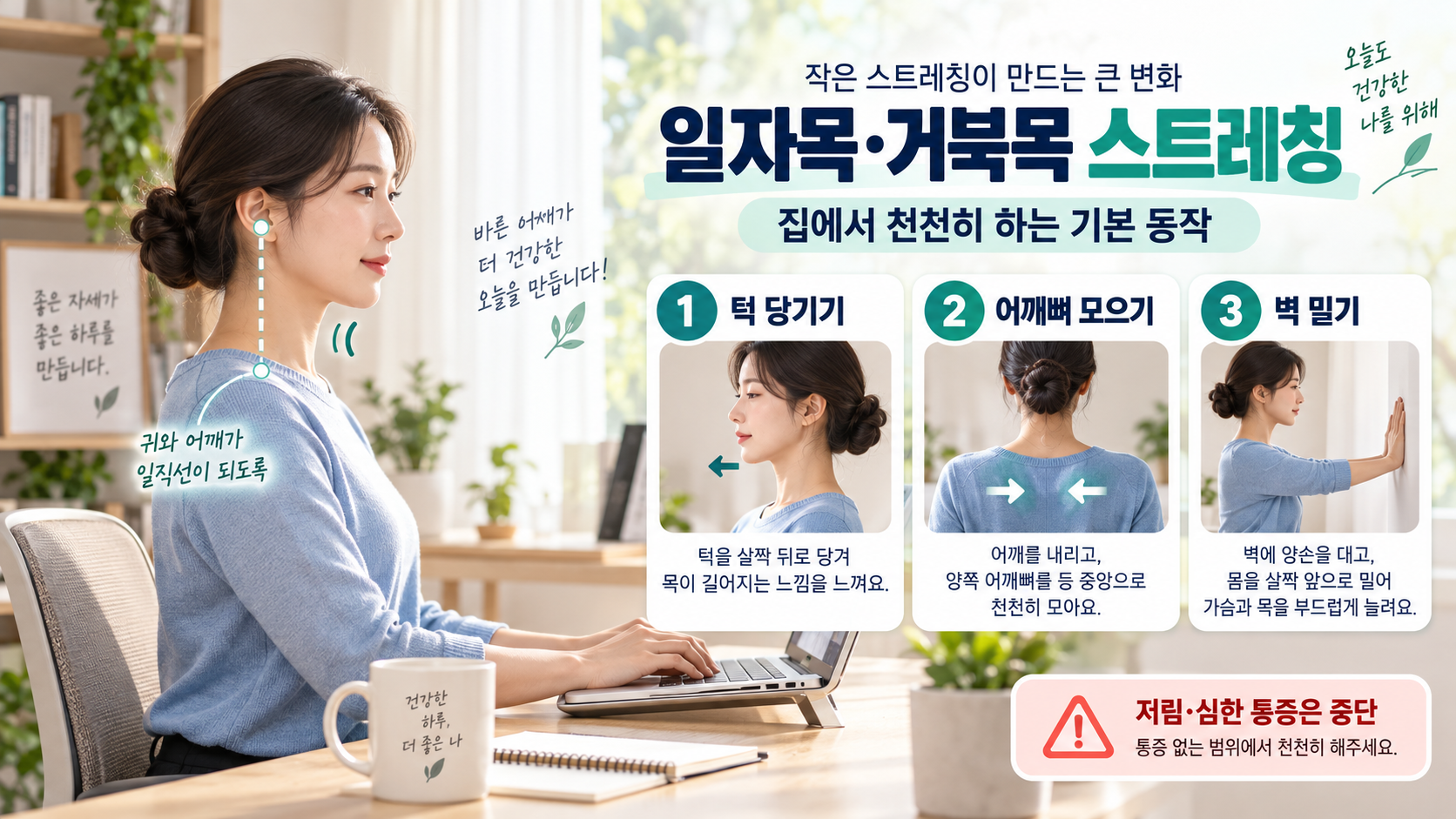 일자목·거북목 목 스트레칭: 집에서 안전하게 따라하는 8가지 동작 정보 카드