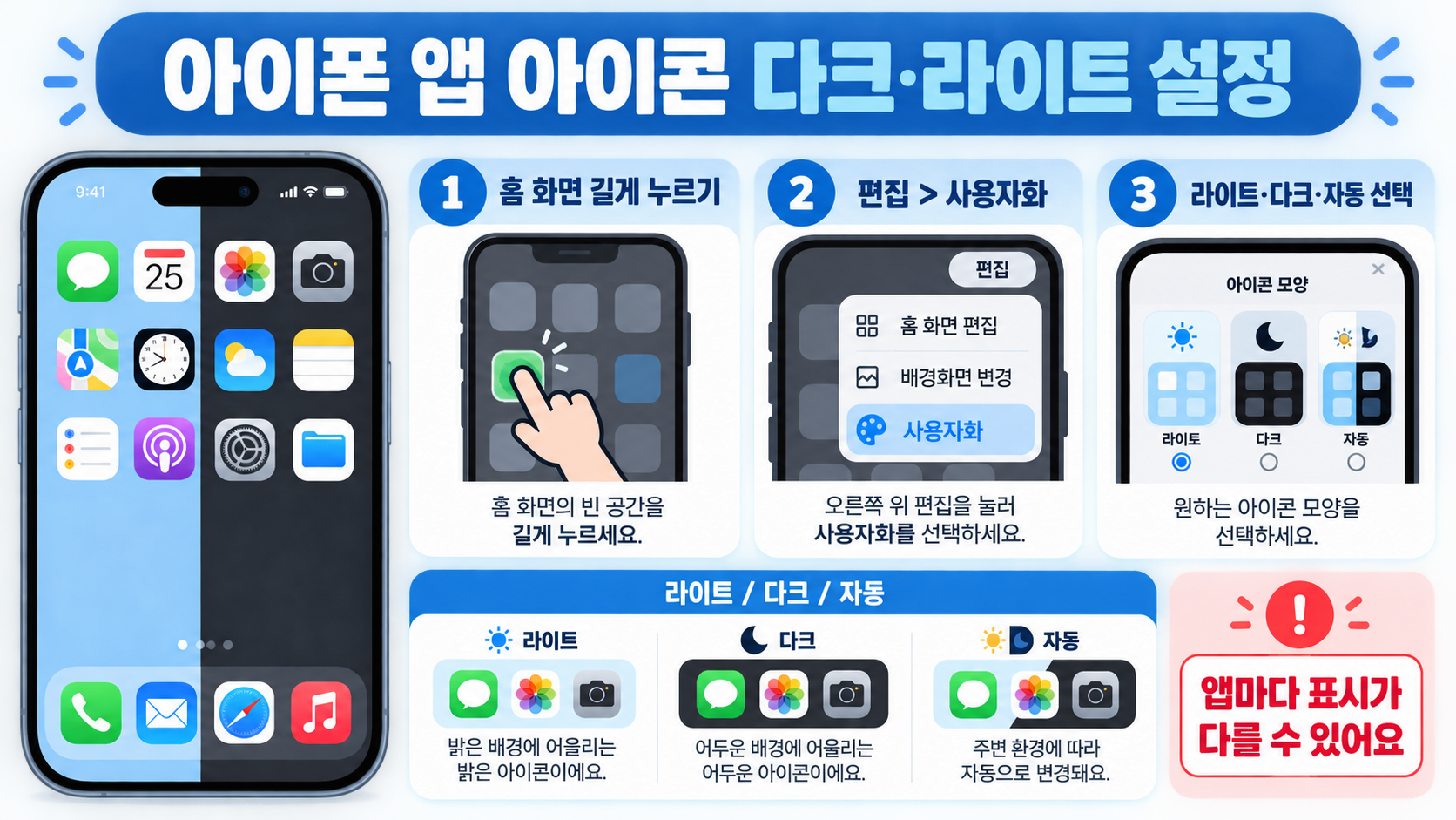 아이폰 앱 아이콘 다크 모드·라이트 모드 적용 설정 방법 정보 카드