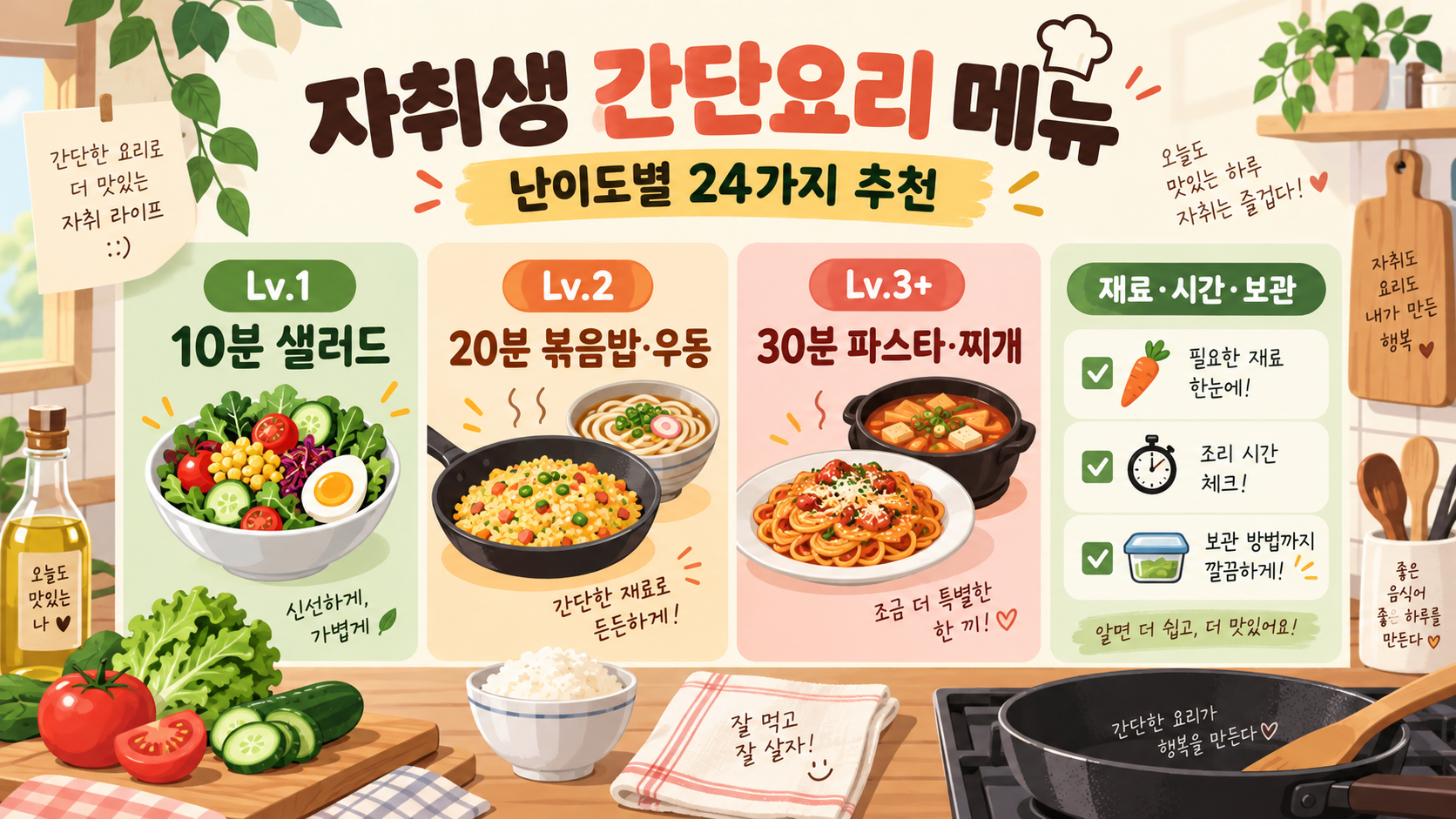 자취생 간단요리 메뉴: 난이도별 24가지 추천과 준비 팁 정보 카드